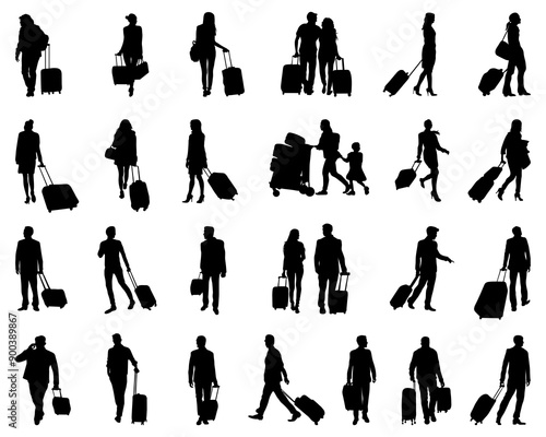 Black silhouettes of travelers with suitcases on a white background