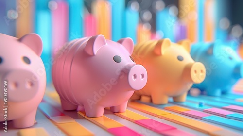 3D pastel cartoon of investment leading to wealth creation, primary colored piggy banks, detailed financial charts, vibrant scene