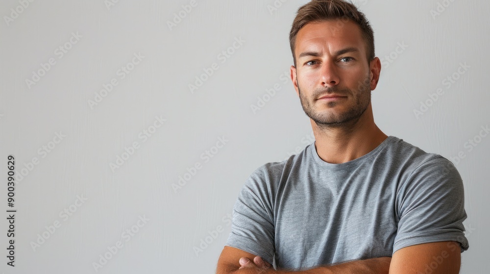 A man with a serious expression, arms crossed against a white background, embodying strength and determination A man with a serious expression, arms crossed against a white background, embodying strength and determination