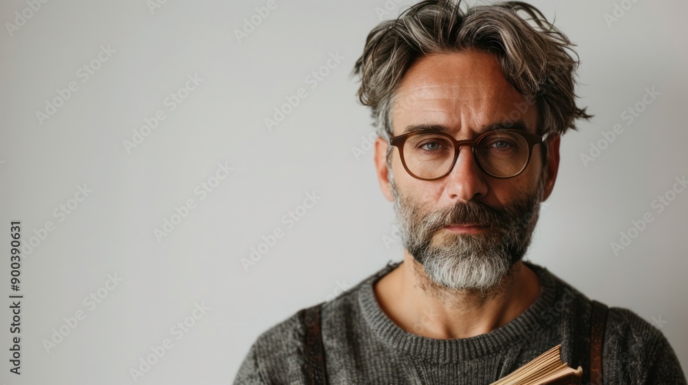 A man with a serious expression, holding a book against a white background, representing intellectual curiosity. A man with a serious expression, holding a book against a white background, representing intellectual curiosity.