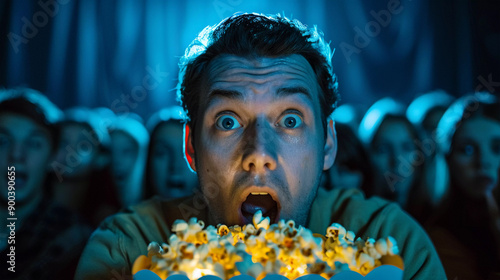 A group of people watching a horror movie in the cinema.