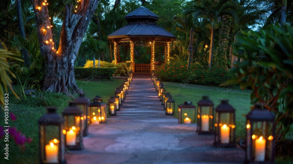 Candlelit pathway leading to a romantic gazebo Candlelit pathway leading to a romantic gazebo