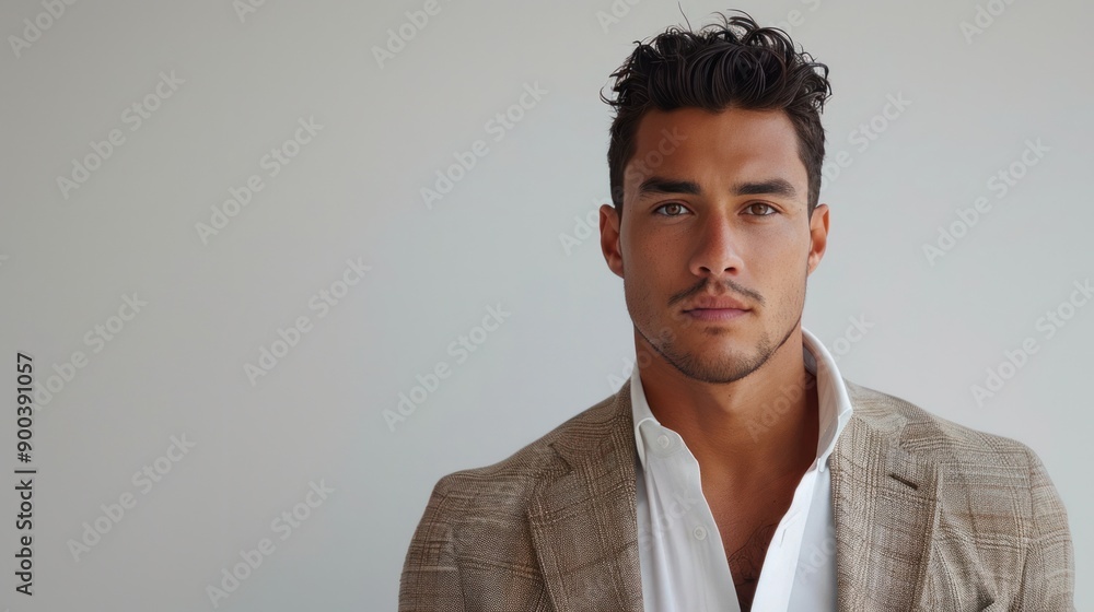 A man with a confident pose, wearing a stylish blazer against a white background, showcasing modern elegance A man with a confident pose, wearing a stylish blazer against a white background, showcasing modern elegance