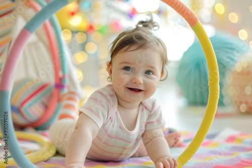 Adorable baby playing with a soft hoop in a colorful play area, fun and engaging scene, Baby Exercise, concept of activity and play