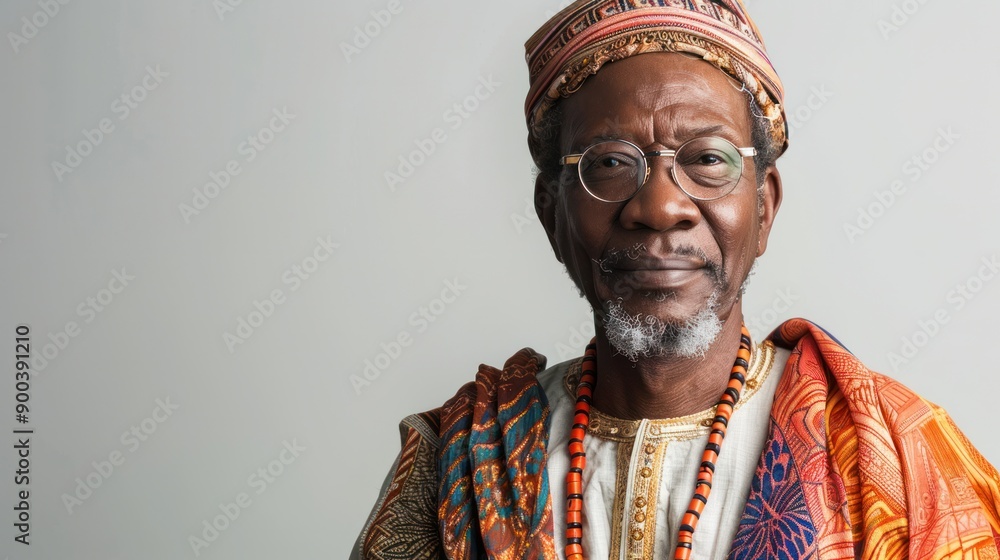 A man in traditional cultural attire, standing proudly against a white background, celebrating heritage and diversity A man in traditional cultural attire, standing proudly against a white background, celebrating heritage and diversity