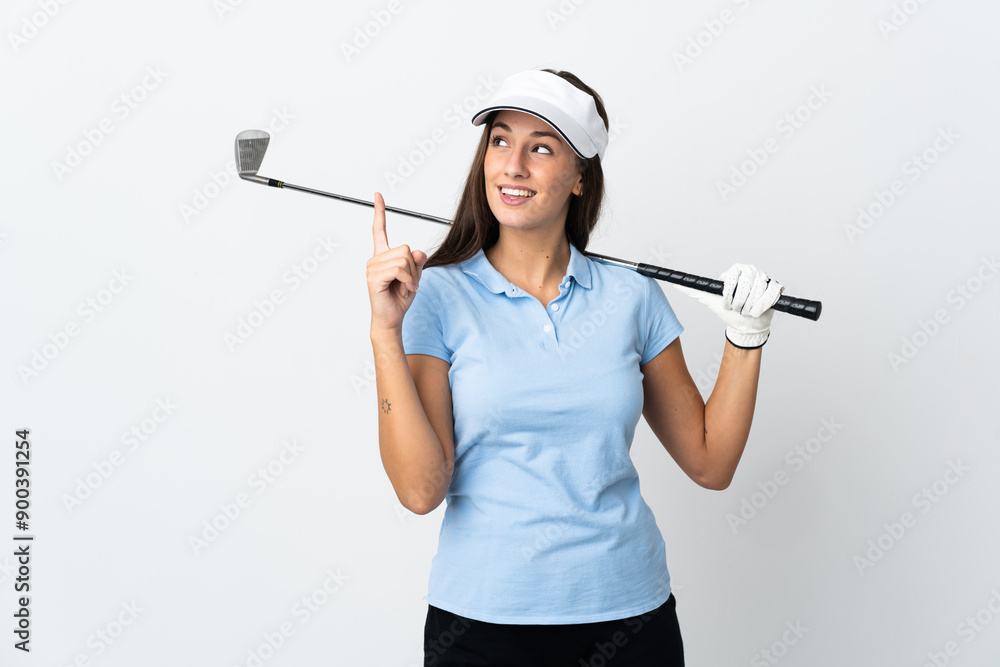 Young golfer woman over isolated white background pointing up a great idea Young golfer woman over isolated white background pointing up a great idea