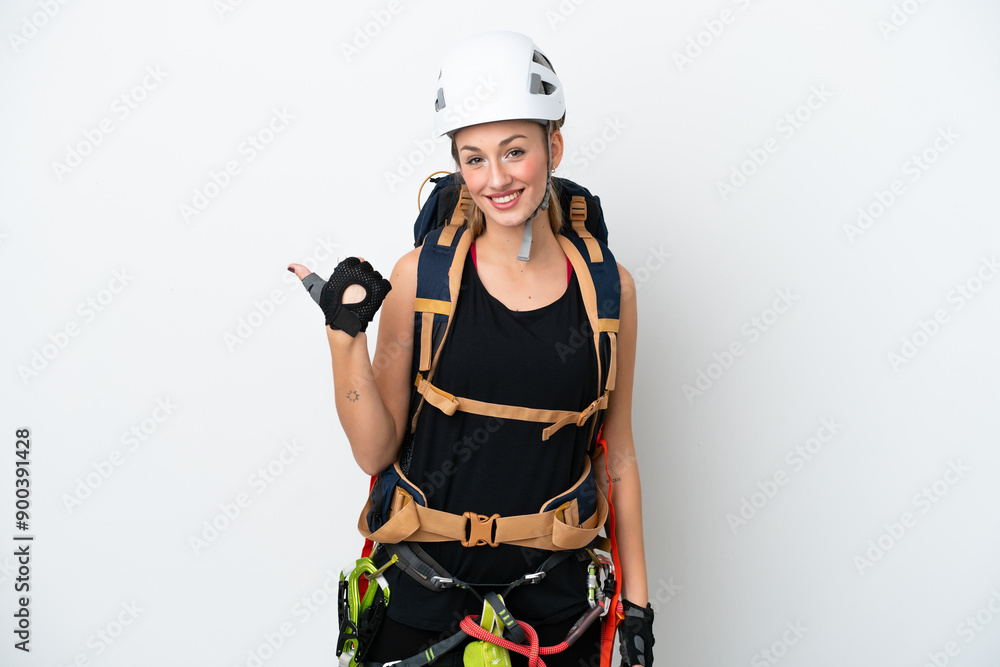 Young caucasian rock climber woman isolated on white background pointing to the side to present a product Young caucasian rock climber woman isolated on white background pointing to the side to present a product