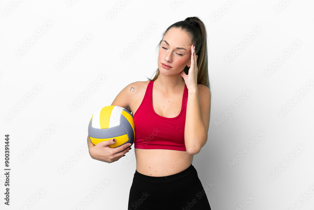 Young caucasian woman playing volleyball isolated on white background with headache Young caucasian woman playing volleyball isolated on white background with headache