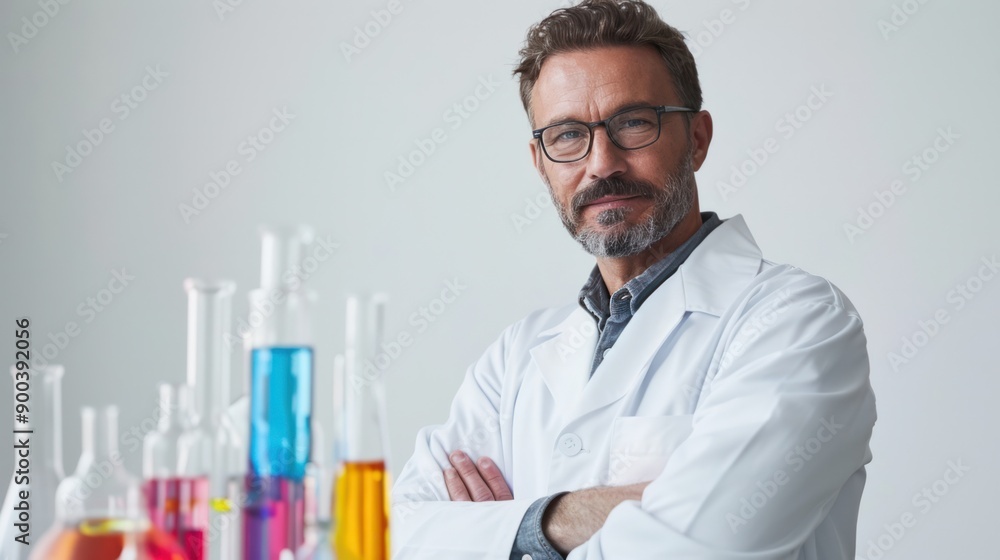A man in a lab coat, holding scientific equipment against a white background, representing STEM and innovation A man in a lab coat, holding scientific equipment against a white background, representing STEM and innovation