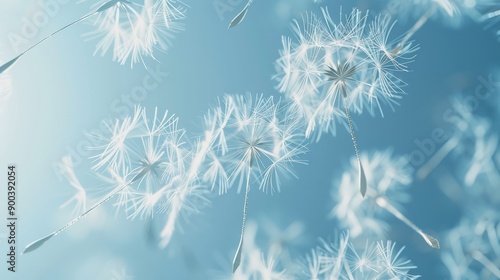 Dandelion seeds floating in tranquil blue sky. Serene image of weightless dandelion seeds drifting on a gentle breeze, evoking peace, transformation, and new beginnings.