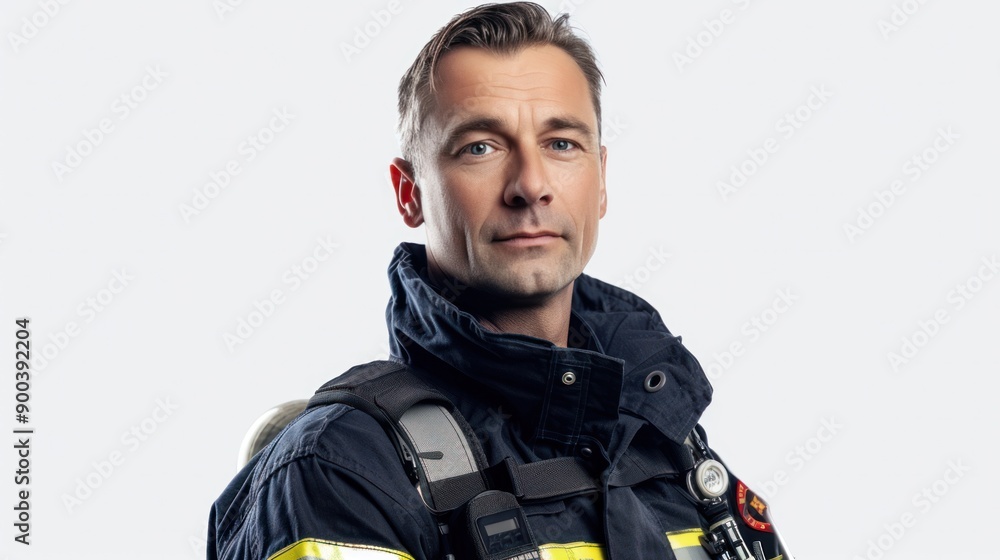 A man in a firefighter's uniform, standing proudly against a white background, representing bravery and service A man in a firefighter's uniform, standing proudly against a white background, representing bravery and service