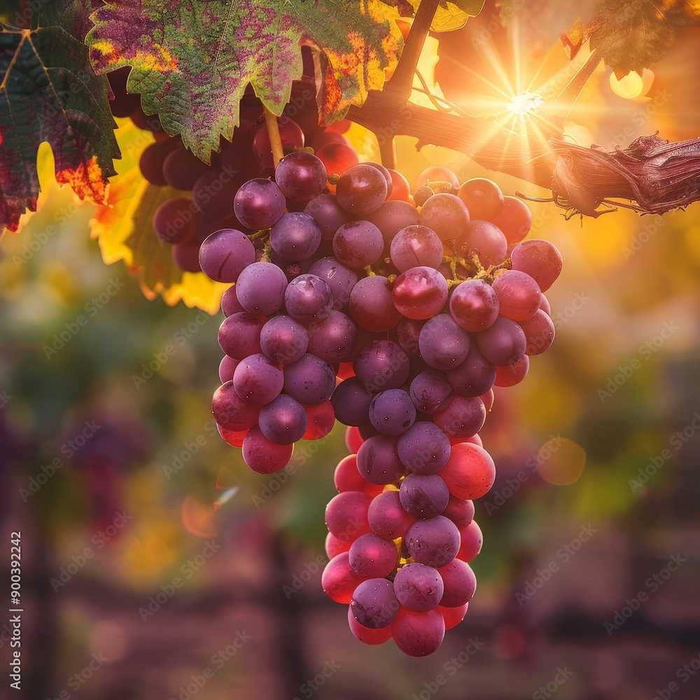 Sunset Over Vineyard with Ripe Grapes Sunset Over Vineyard with Ripe Grapes