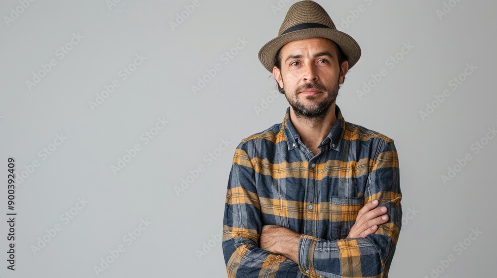 A man in a casual shirt and hat, standing against a white background, ready for a day out A man in a casual shirt and hat, standing against a white background, ready for a day out