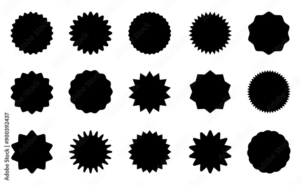 Price sticker set, sale or discount sticker, sunburst badges icon. Stars shape with different number of rays. Special offer price tag. Black starburst promotional badge shopping labels Price sticker set, sale or discount sticker, sunburst badges icon. Stars shape with different number of rays. Special offer price tag. Black starburst promotional badge shopping labels