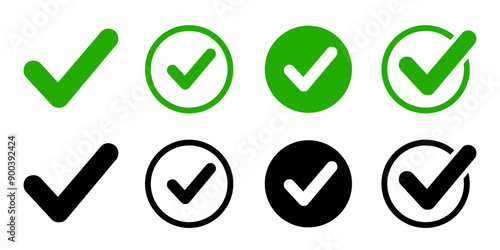 Approval check icon isolated, set quality sign, green and black tick