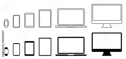 Set technology line devices icon: computer, laptop, tablet, smartphone, watch icons. Outline mockup electronics devices monitor lines simple isolated