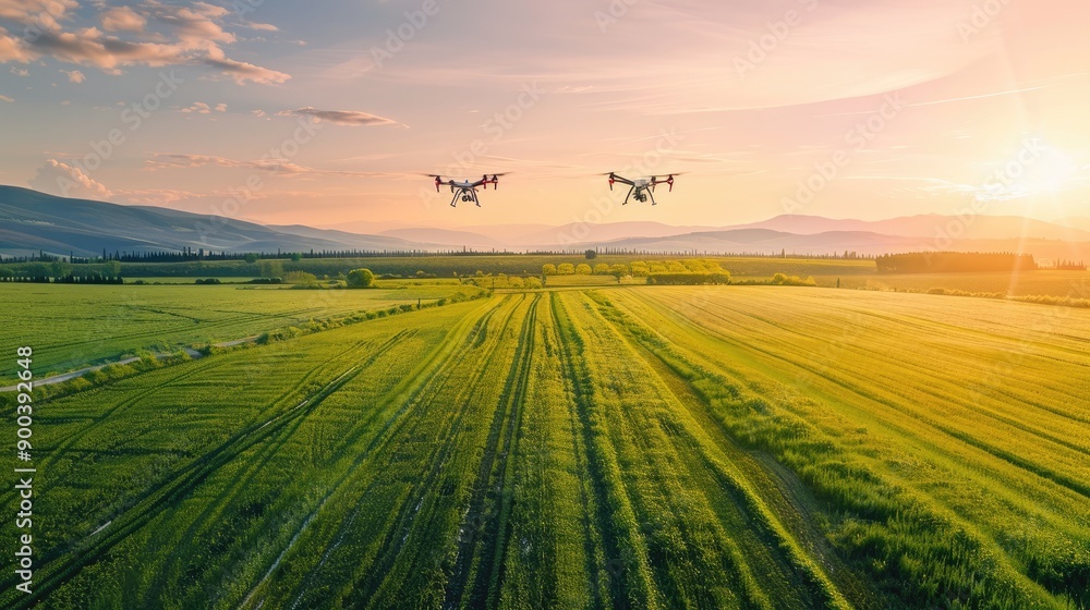 Obraz premium Drones hovering above green fields, capturing data to optimize farming practices and boost productivity