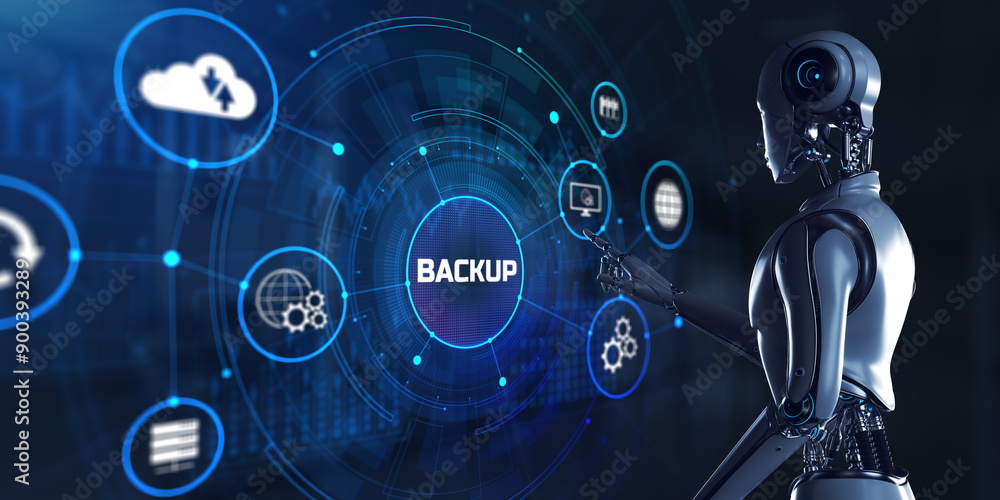 Fototapeta premium Backup data recovery. Robot pressing button on screen 3d render.