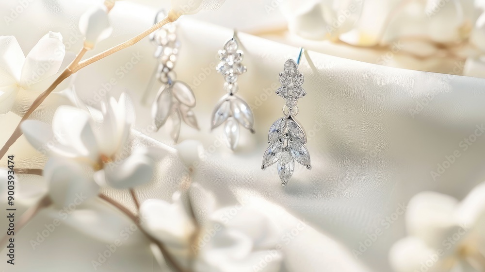 Elegant earrings displayed on a white background with soft light Elegant earrings displayed on a white background with soft light