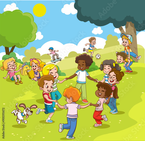 Group of kids playing on playground spending time in games, having fun, fooling around. Children playing in the park. Playground with kids. Summer activities. School yard with kids. summer camp