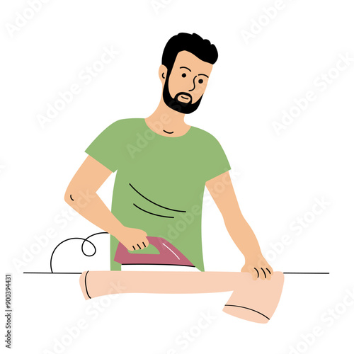 A young man irons clothes at home. Husband is a housewife. Household, family lifestyle. Household chores. People in everyday life. Flat vector illustration isolated on white background