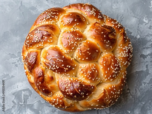 Top-Down View of Round Challah Loaf with Sesame Seeds on Concrete Background photo