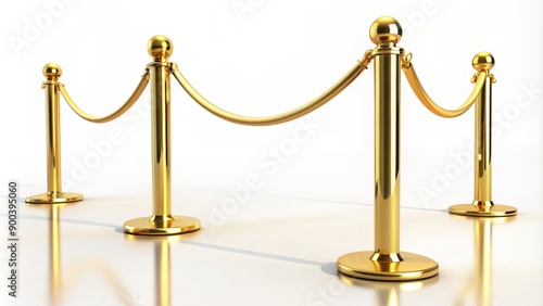 Shiny metallic gold barrier stands upright, isolated against a pure white background, exuding luxury, elegance, and high-end exclusivity. photo