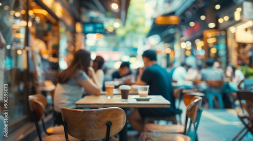 blurred background of people sitting in coffee shops, cafes, street fast food restaurants, wooden tables and chairs outdoors, city center during summer vacation, business travel, soft light