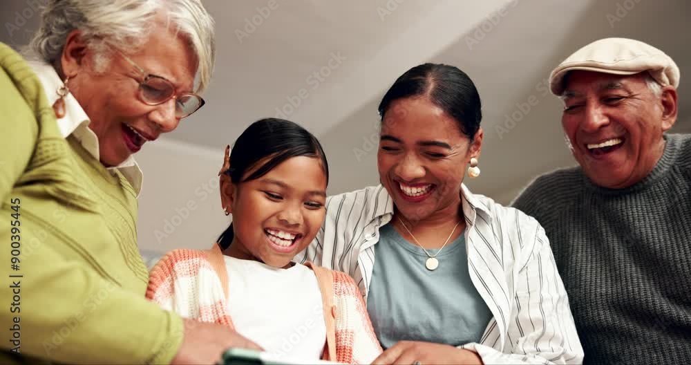 Surprise, family and child with tablet on couch for social media, streaming and funny video of care in lounge. Grandparents, girl and digital for laughing to watch comedy, bonding and meme at house Surprise, family and child with tablet on couch for social media, streaming and funny video of care in lounge. Grandparents, girl and digital for laughing to watch comedy, bonding and meme at house