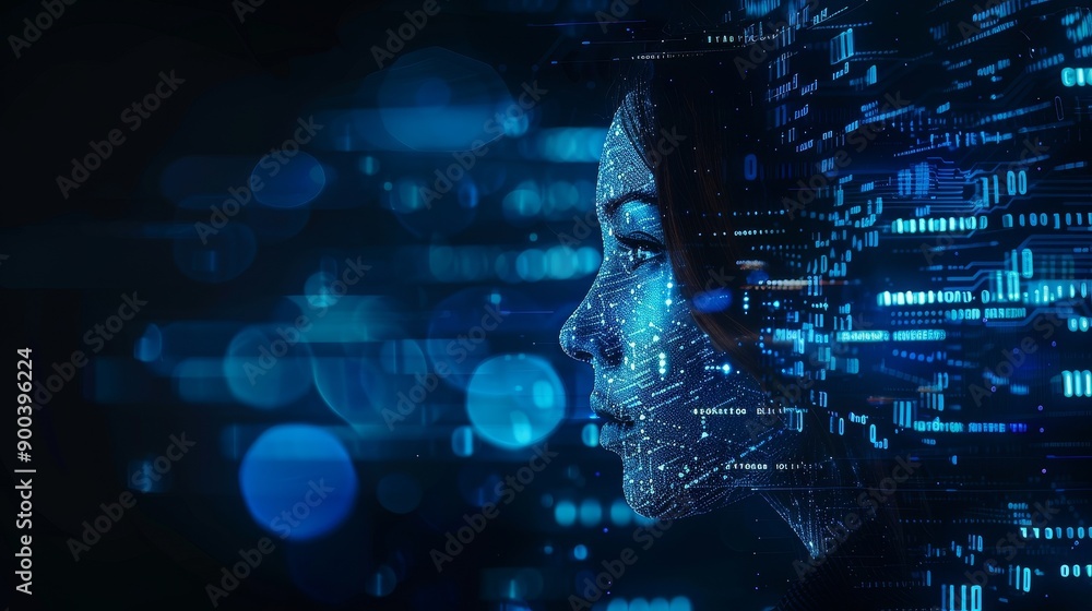 Futuristic AI Female Figure with Circuitry and Neural Network Patterns Against Dark Technological Background. Symbolizing Advanced Machine Learning and Computer Science Progress. Futuristic AI Female Figure with Circuitry and Neural Network Patterns Against Dark Technological Background. Symbolizing Advanced Machine Learning and Computer Science Progress.