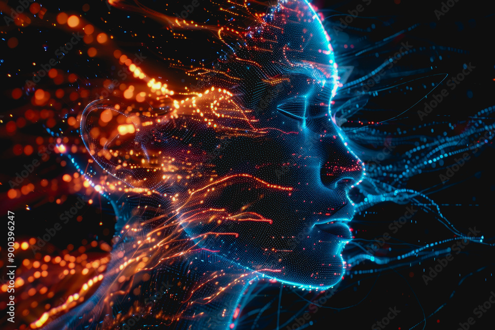 Cybernetic digital face with neon blue and red lights, data streams, glowing particles, high-tech design Cybernetic digital face with neon blue and red lights, data streams, glowing particles, high-tech design