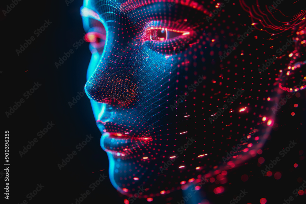 Cybernetic digital face with neon blue and red lights, data streams, glowing particles, high-tech design Cybernetic digital face with neon blue and red lights, data streams, glowing particles, high-tech design
