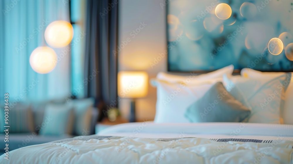 close-up shot of the bed in a luxury hotel room with a white and blue ...