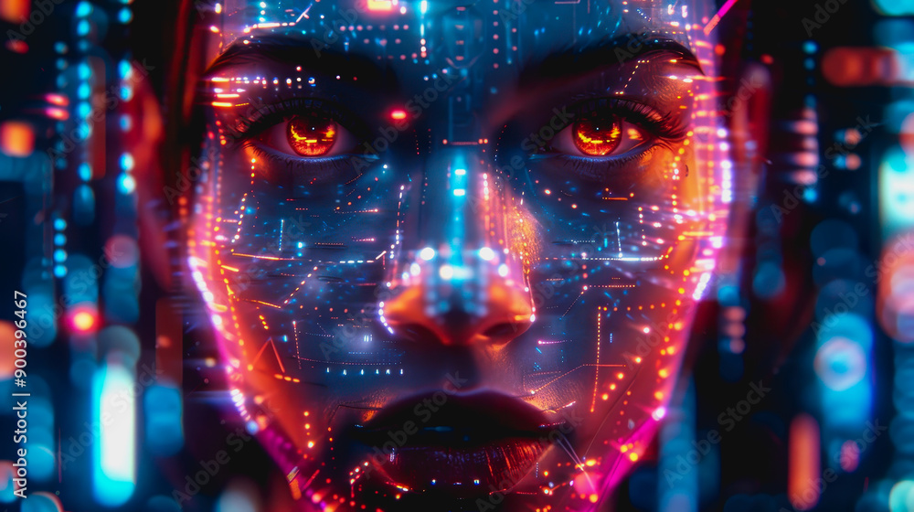 Cyberpunk digital face with neon lights, data streams, glowing particles, high-tech elements, dark background