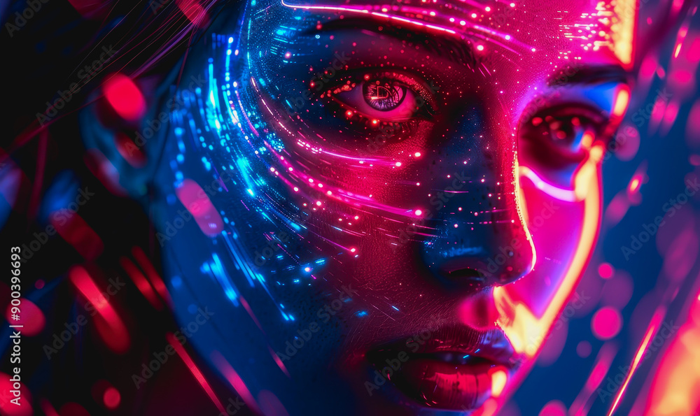 Cyberpunk digital face with neon lights, data streams, glowing particles, high-tech elements, dark background Cyberpunk digital face with neon lights, data streams, glowing particles, high-tech elements, dark background