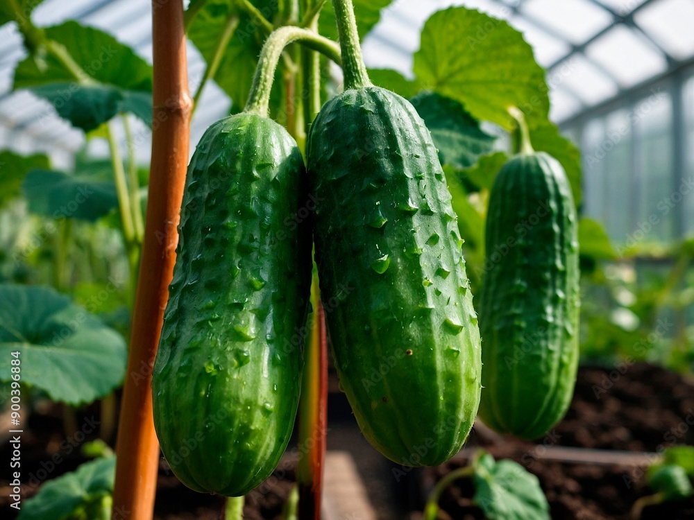 Close-up oa a bunch of fresh ripe juicy cucmbers on a vine in the greenhouse. Organic plants growing photography. Autumn season harvest illustration. Close-up oa a bunch of fresh ripe juicy cucmbers on a vine in the greenhouse. Organic plants growing photography. Autumn season harvest illustration.