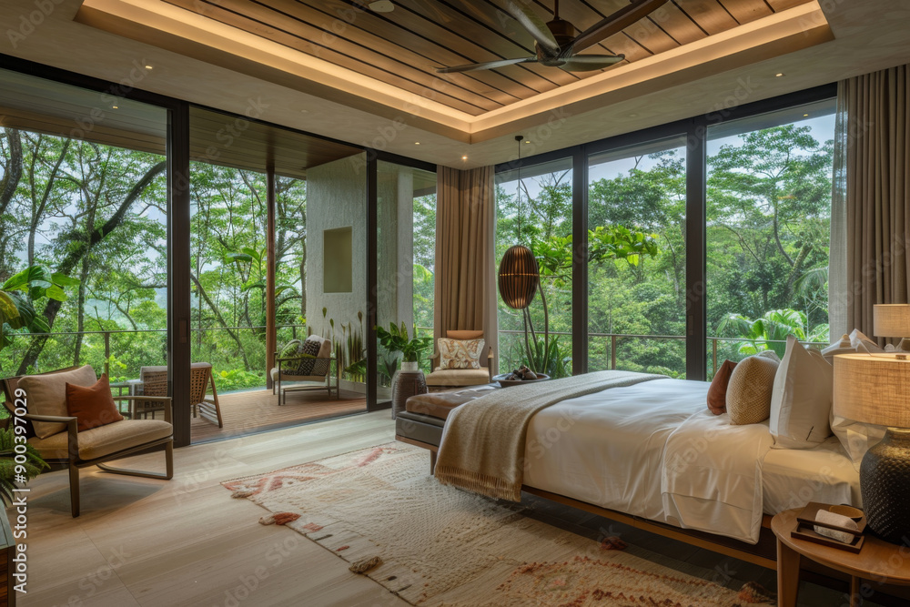 A luxurious bedroom with a large bed a view of lush greenery and wooden accents A luxurious bedroom with a large bed a view of lush greenery and wooden accents