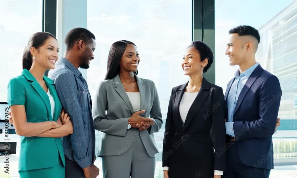 A depiction of a group of professionals engaged in conversation following a business meeting. A depiction of a group of professionals engaged in conversation following a business meeting.