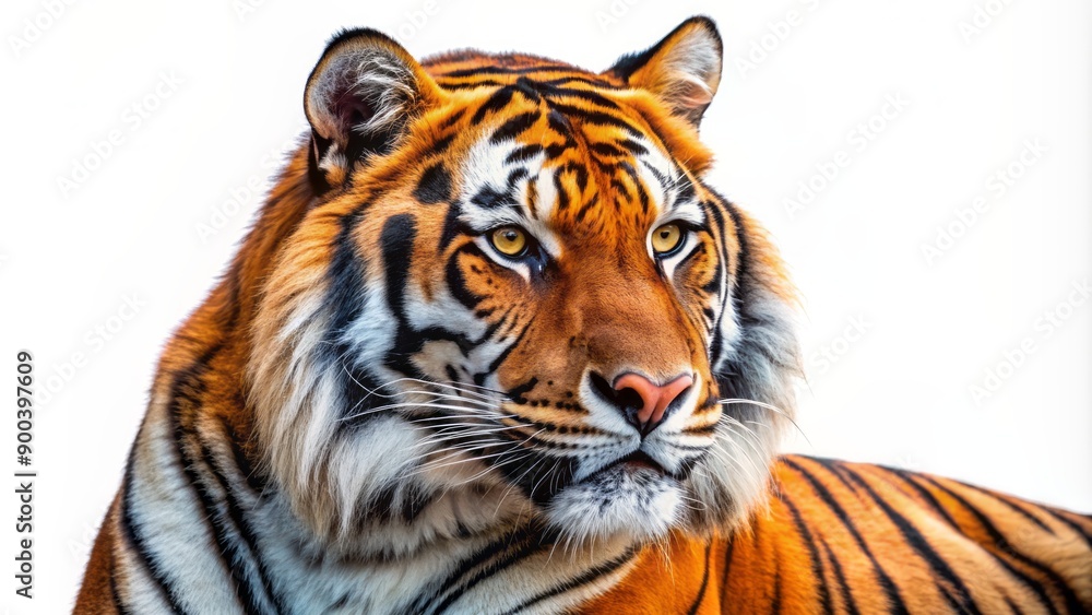 Obraz premium Majestic orange and black tiger solitary isolated on transparent white background with piercing eyes and sharp claws in profile.