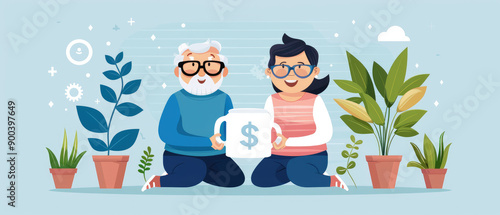 Explore a flat design illustration of a couple engaging in retirement planning, focusing on savings. Ideal for financial concepts and presentations.