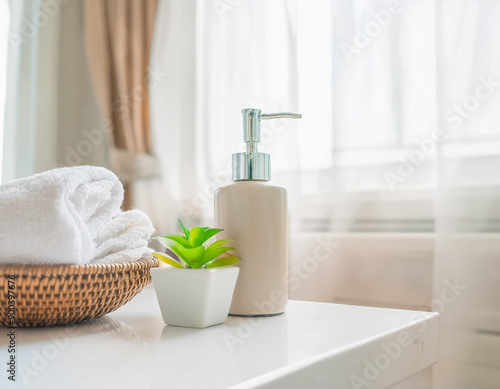 Spa Essentials: Ceramic Bottles, Cotton Towels, and Green Plant on White Counter