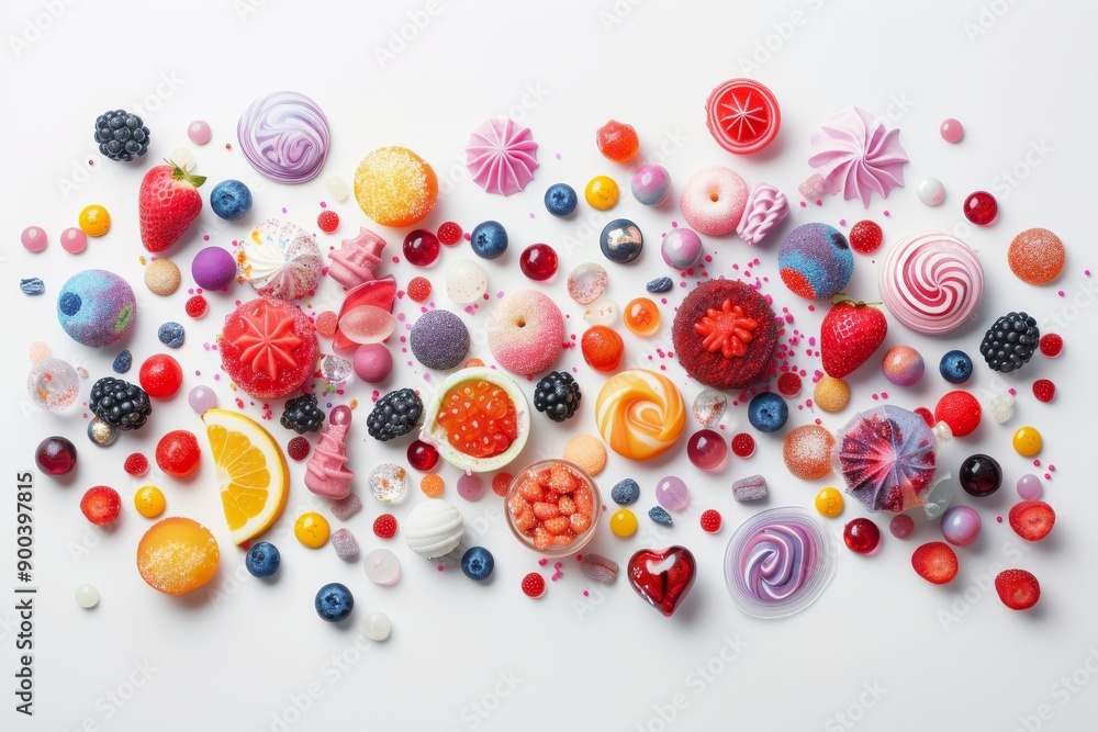 pile of assorted candies and candies, composition of sweets and candies on white background pile of assorted candies and candies, composition of sweets and candies on white background