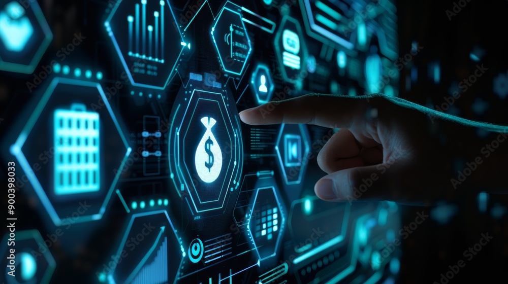 Fototapeta premium Futuristic Digital Interface with Financial Icons, Blue Hexagonal Patterns. AI Generated