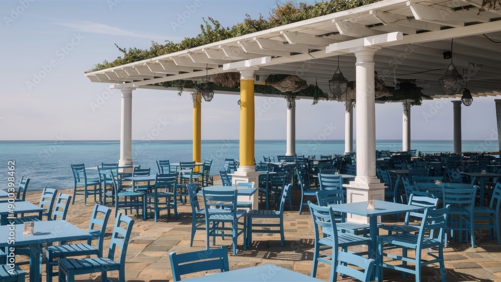 A restaurant with blue tables and chairs on a patio overlooking the ocean, AI A restaurant with blue tables and chairs on a patio overlooking the ocean, AI