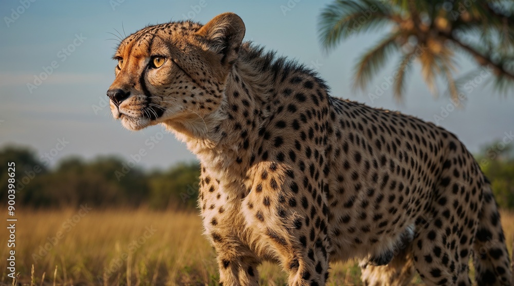 A cheetah in the African Savannah enjoys the golden hour sunlight, surrounded by lush palms A cheetah in the African Savannah enjoys the golden hour sunlight, surrounded by lush palms