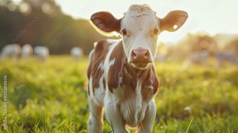 Portrait of little calf standing on grass field Portrait of little calf standing on grass field