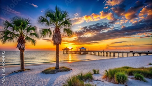 Vibrant sunset silhouettes palm trees along white sandy beach with tranquil emerald waters and distant historic Gulfport pier. photo