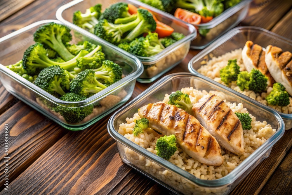 Freshly prepared healthy meal in portion control containers featuring grilled chicken, brown rice, and steamed broccoli, ready for a nutritious on-the-go lunch. Freshly prepared healthy meal in portion control containers featuring grilled chicken, brown rice, and steamed broccoli, ready for a nutritious on-the-go lunch.