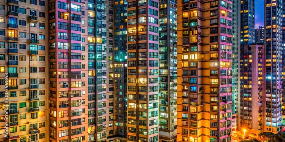 Vibrant rows of glowing windows illuminate a modern residential building in Hong Kong's bustling cityscape at night, showcasing a kaleidoscope of urban lights and architecture. Vibrant rows of glowing windows illuminate a modern residential building in Hong Kong's bustling cityscape at night, showcasing a kaleidoscope of urban lights and architecture.