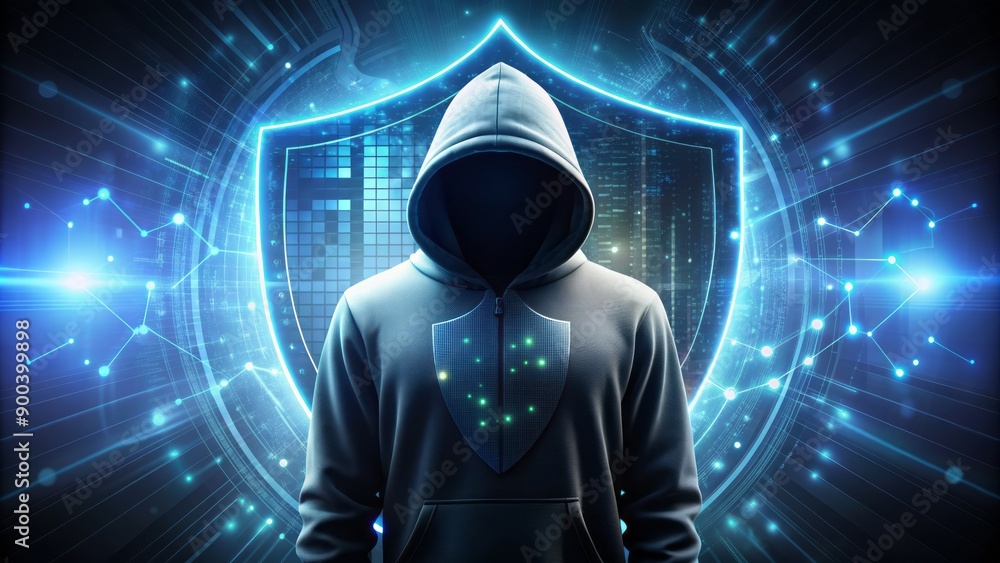 Dark hoodie's silhouette dominates futuristic backdrop with shimmering digital shield, embodying modern cybersecurity's abstract, high-tech, and enigmatic essence. Dark hoodie's silhouette dominates futuristic backdrop with shimmering digital shield, embodying modern cybersecurity's abstract, high-tech, and enigmatic essence.